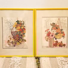 1970s framed signed E.M. May Flowers and Foliage lithograph prints set