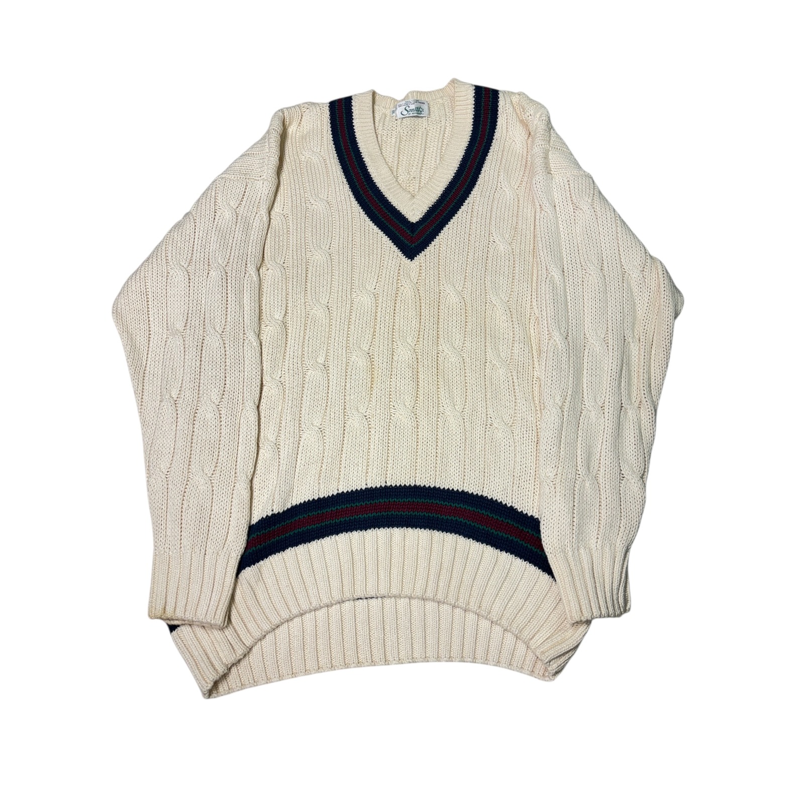 Vintage Smith's of Bermuda Cream Cable Knit Cricket V-Neck Sweater XXL Cotton