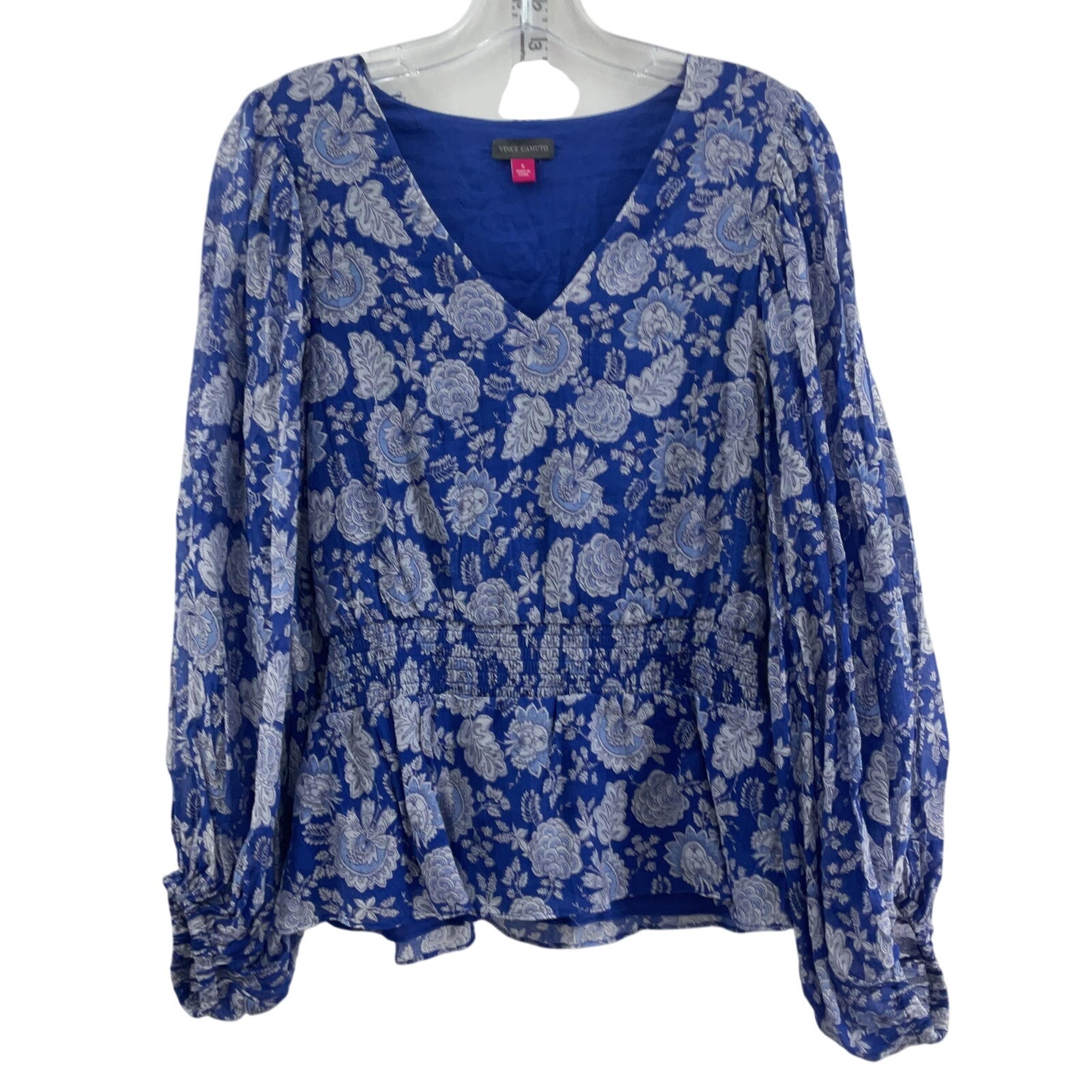 Vince Camuto Blue & White Paisley Blouson Women's Blouse, S, Rayon, Preowned
