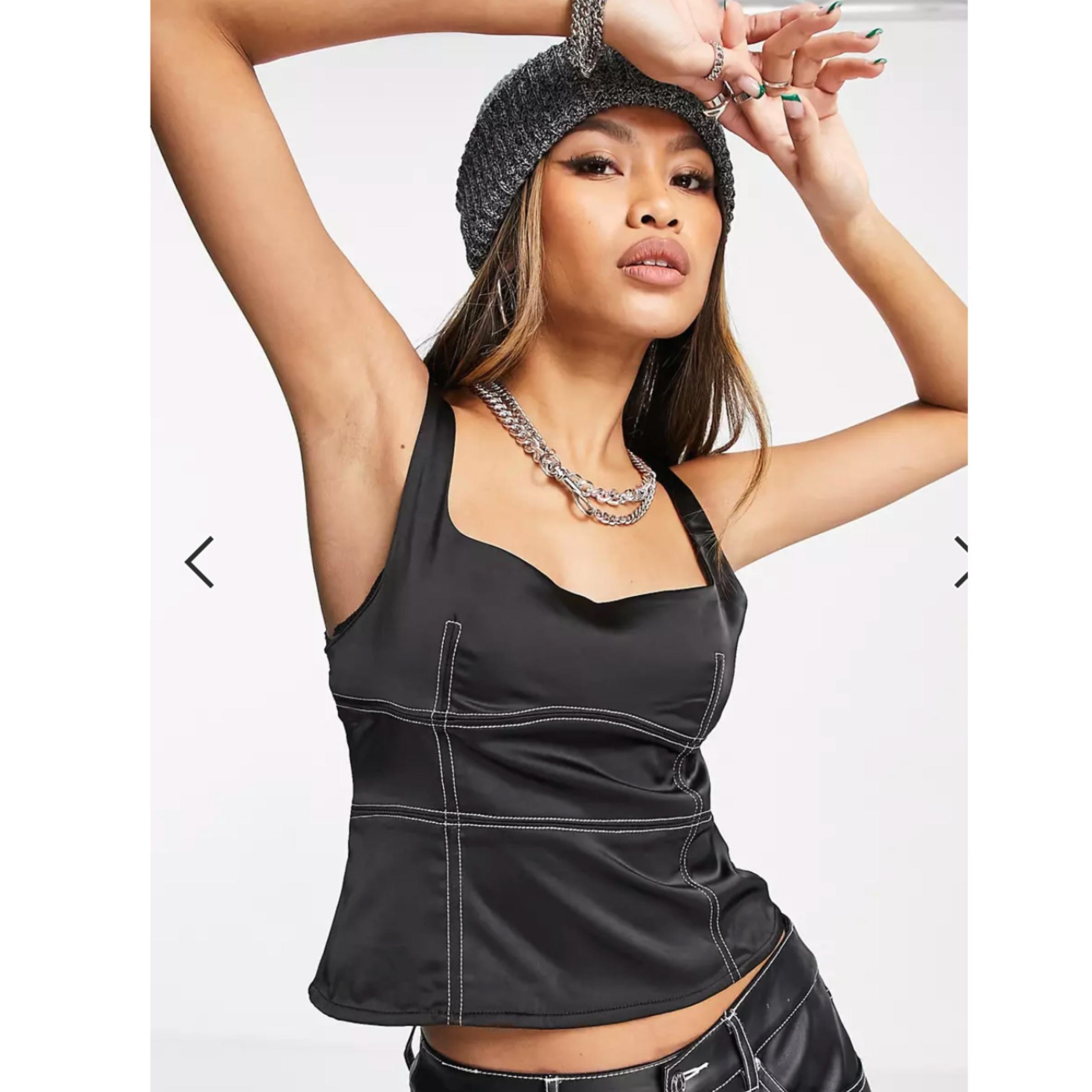 Etiquette Black Satin Fitted Crop top with White Stitching Medium