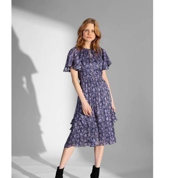 Shoshanna Short Sleeve Silk Willow Paisley Lurex Stripe Julisa Midi Dress size 8
