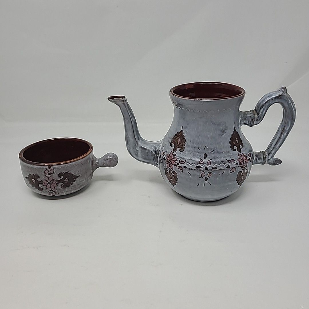 Vintage Pottery Teapot and Matching Cup Artist Signed Purple Gray Pink Detail