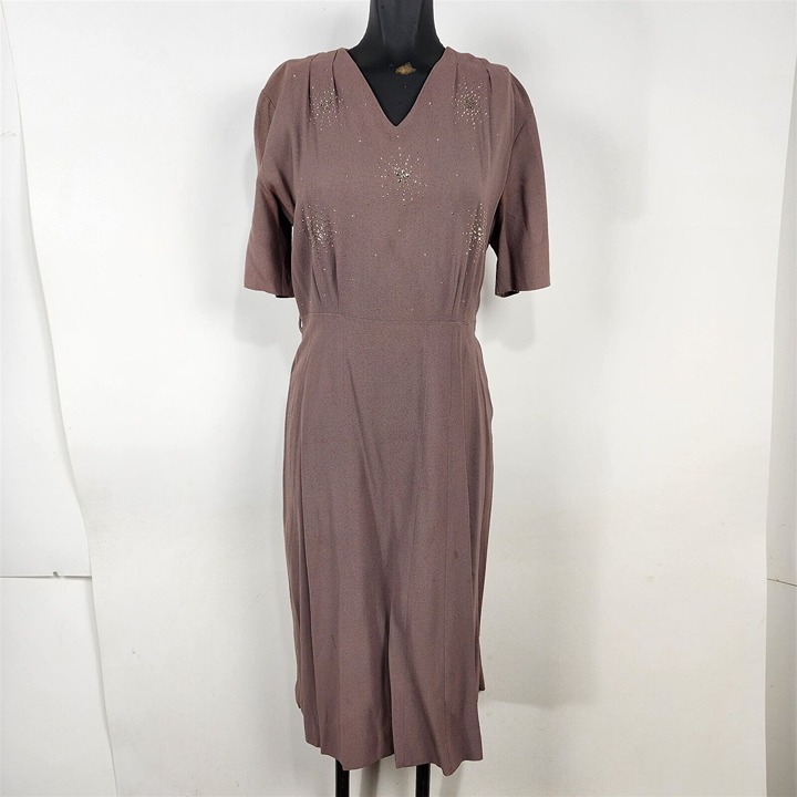 Vintage Jeanelle Frocks Taupe V-Neck Rhinestone Starburst Midi Dress