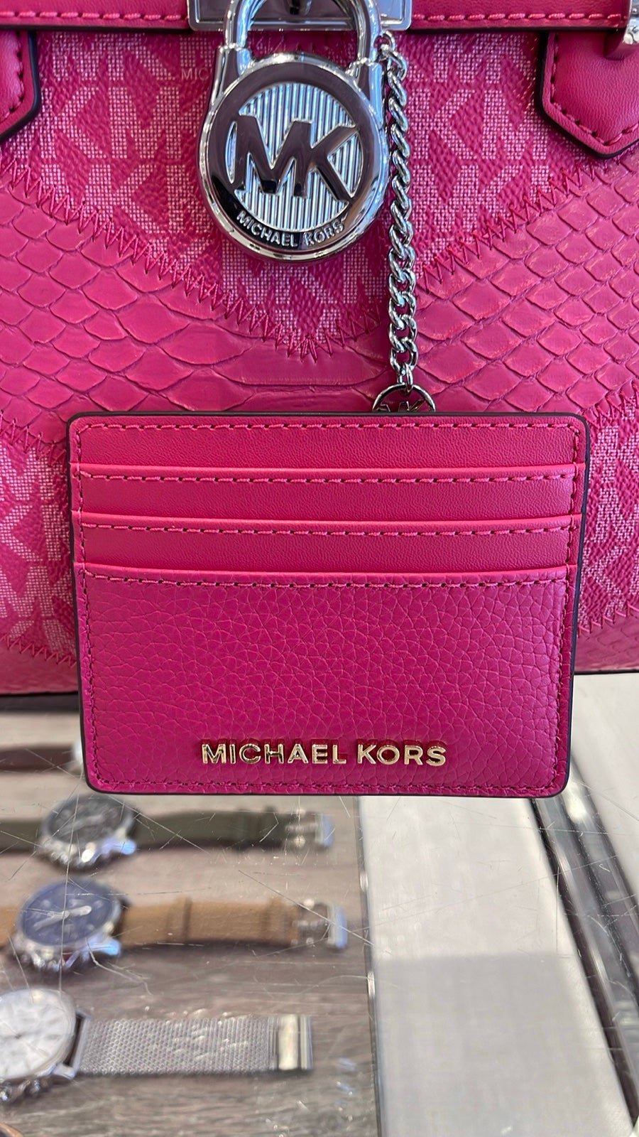 MICHAEL KORS Large Pebbled Leather Card Holder Case Electric Pink NWT