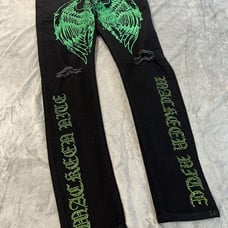 Mackeen Mens Black Flat Front Chrome Green Stud Distress Jeans Pant Size 38 NWT