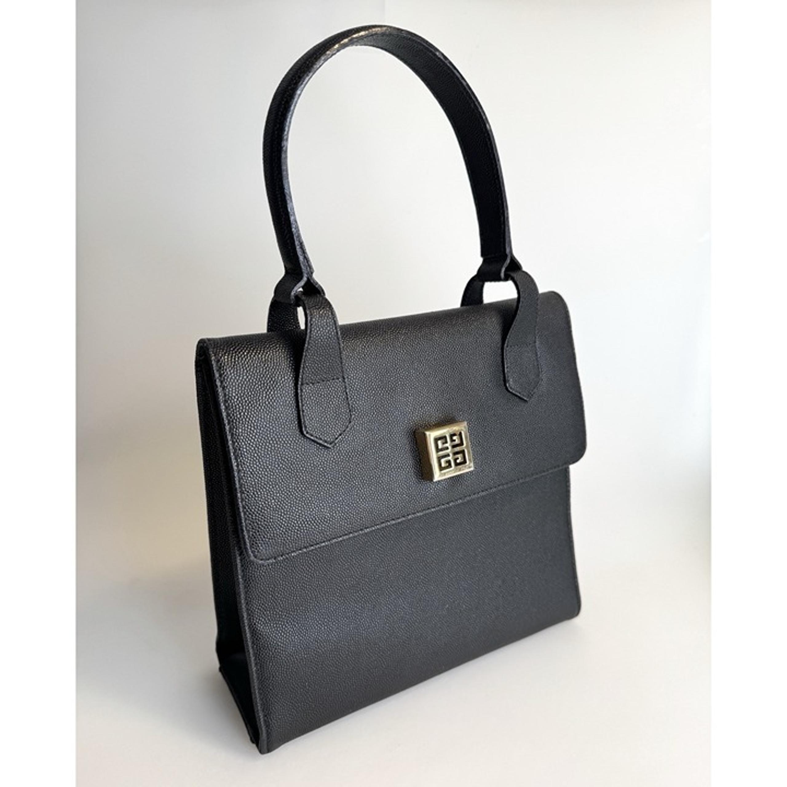 Vintage Givenchy Black Caviar Leather Satchel Handbag Gold Logo Medium
