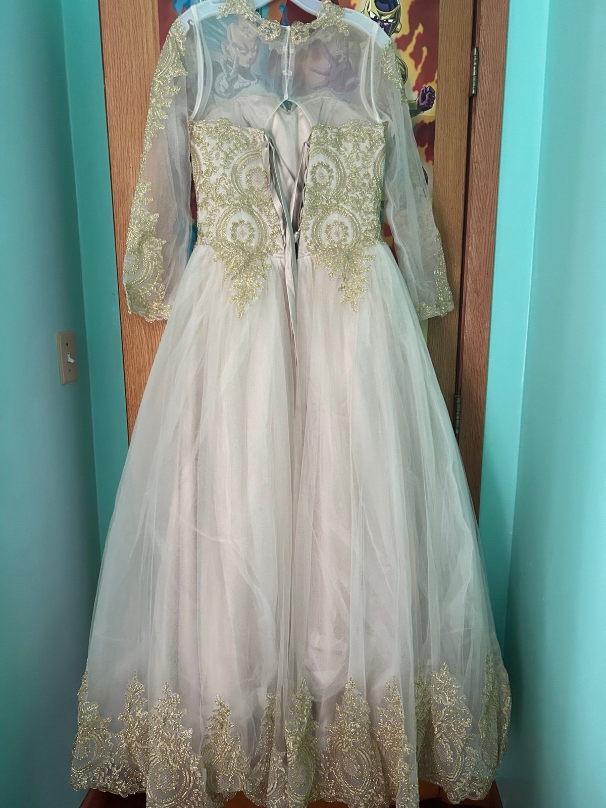 Stunning Beige & Gold Long-Sleeved Ballgown