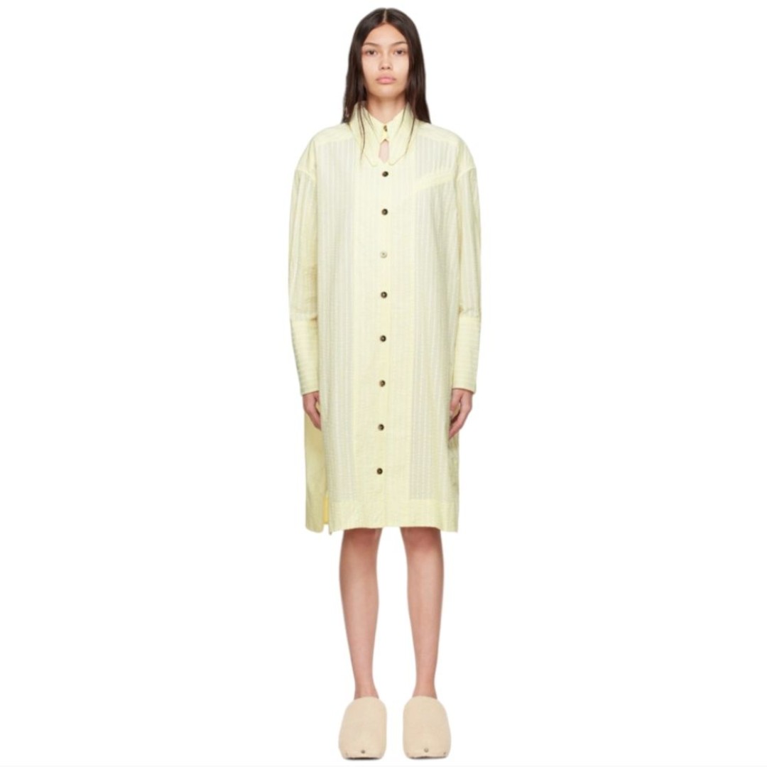 Ganni Striped Organic Cotton-Seersucker Midi Shirt Dress Cream Yellow Size XS