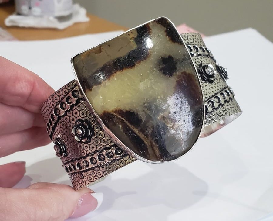 Handmade Septarin Gemstone 925 Cuff Bangle