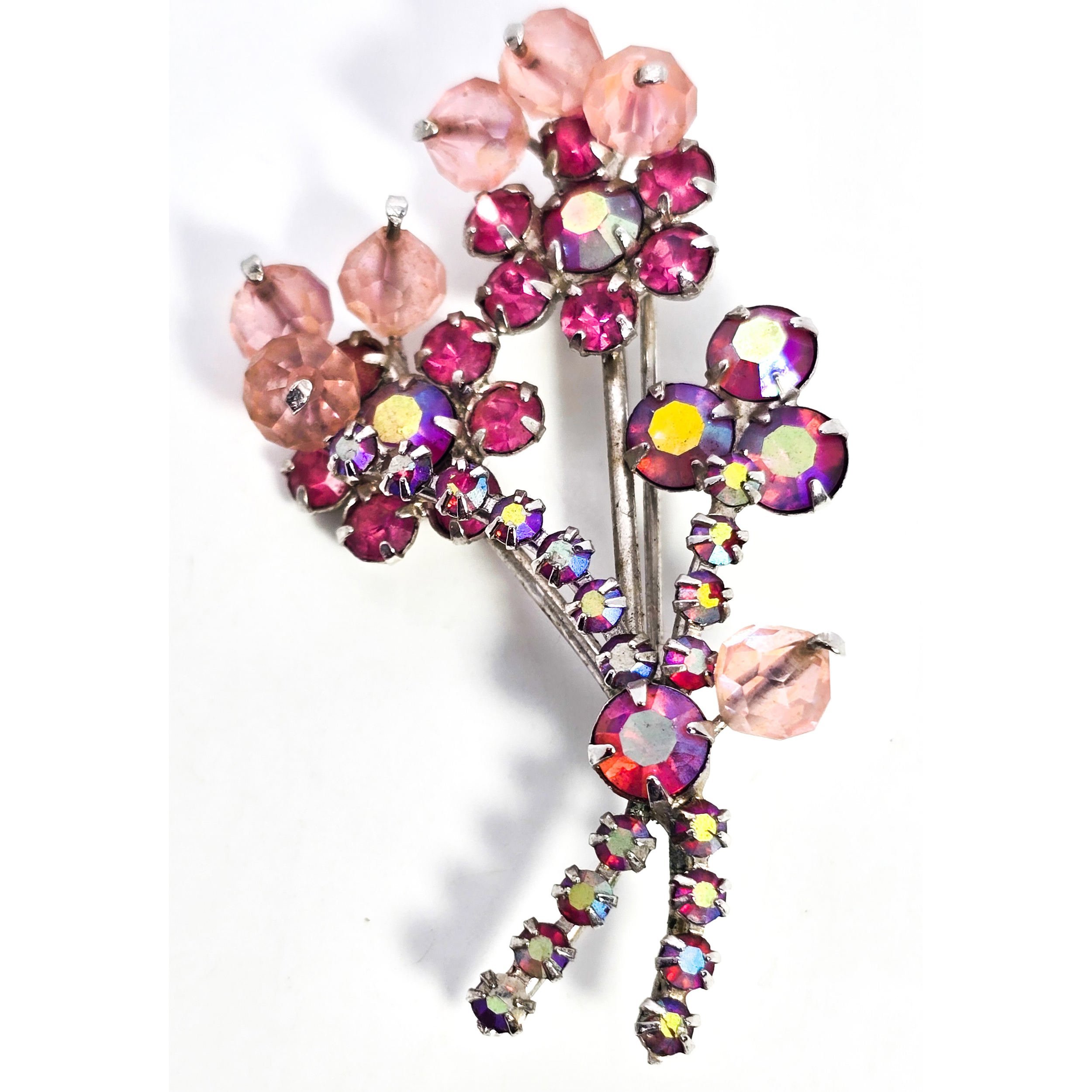 Pink Austrian crystals aurora borealis rhinestone flower vintage spray brooch