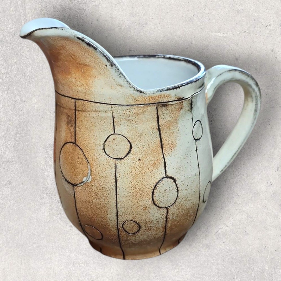Handmade Ceramic Pitcher Art GABK Pottery Circles Stoneware Orange White