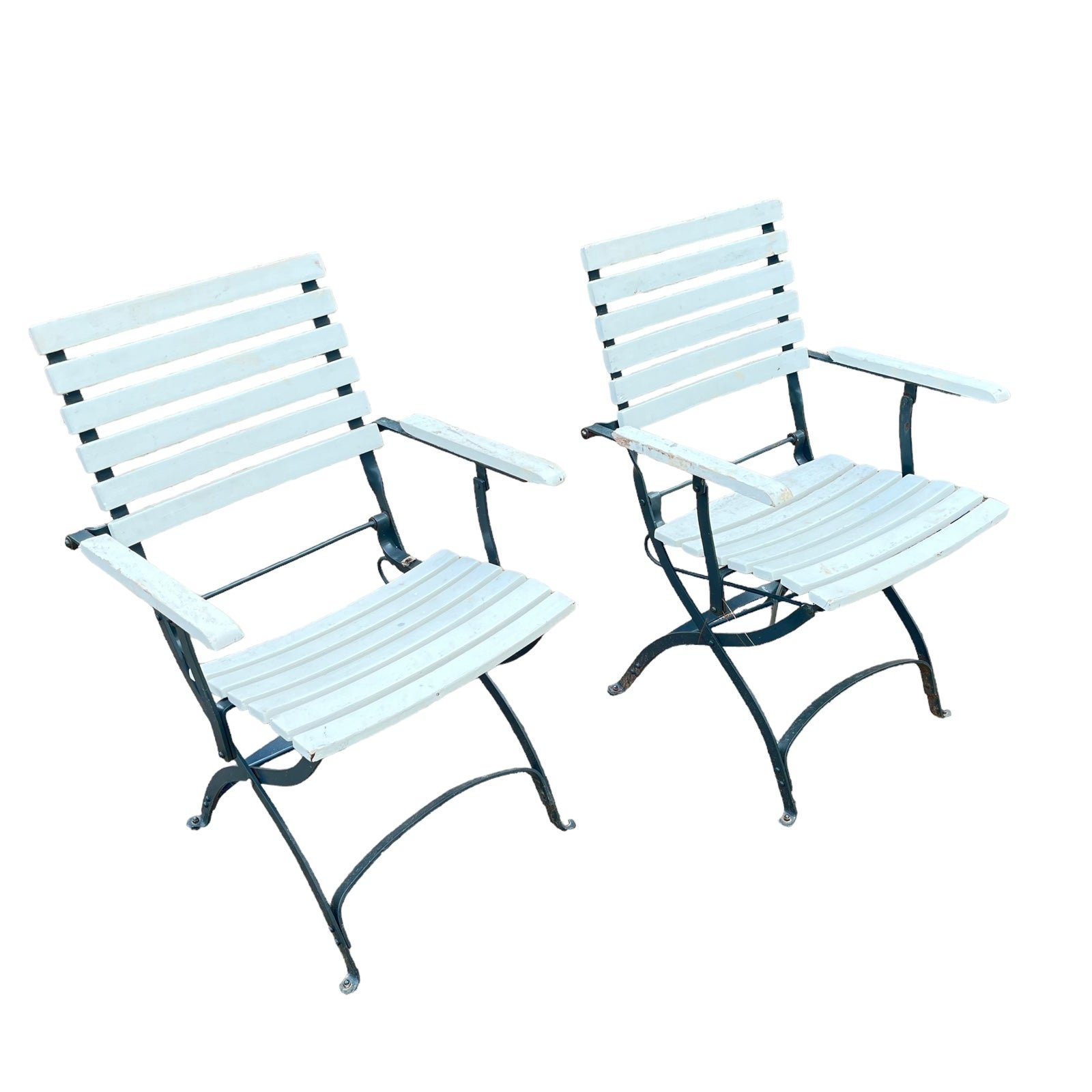 Pair (2) Midcentury Modern Iron & Wooden Slat Back Chairs