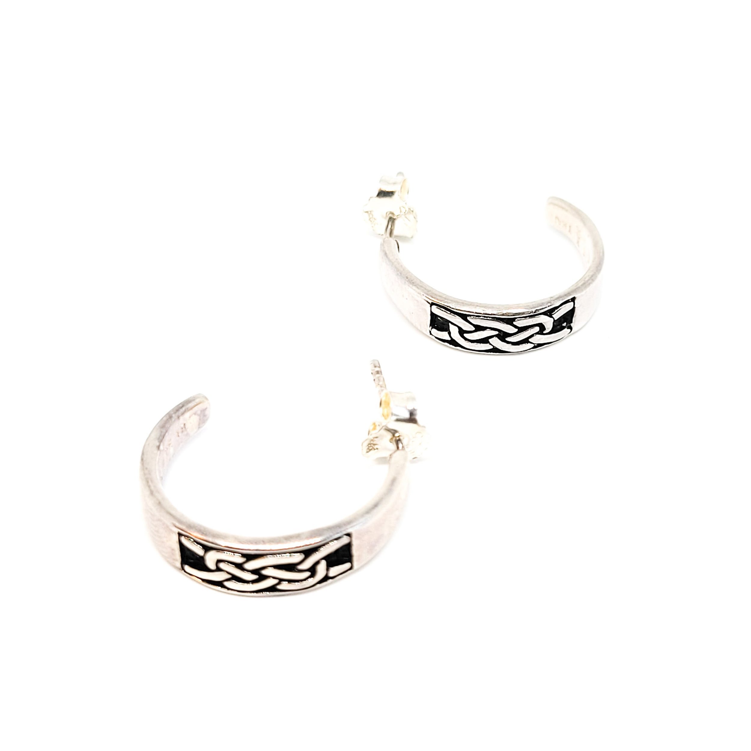 Celtic Trinity knot black enamel sterling silver vintage hoop earrings signed 9