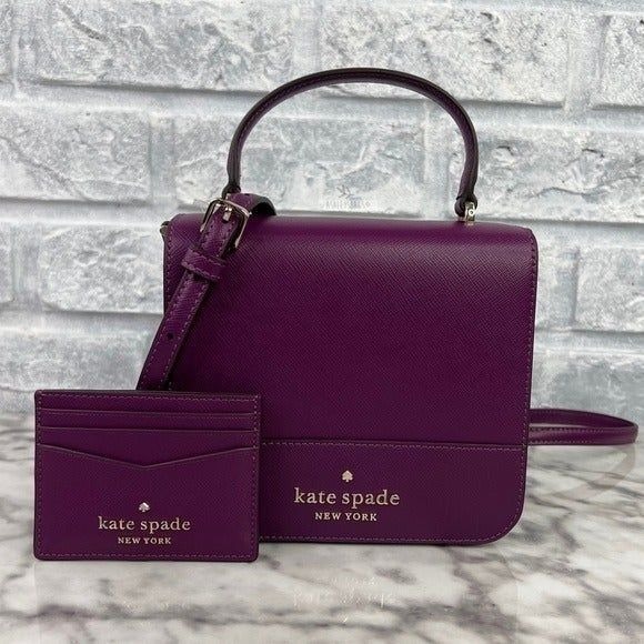 Kate Spade Staci Square Crossbody Handbag Plum Pie & Slim Card Holder Wallet Kate Spade Staci Square Crossbody Handbag Plum Pie & Slim Card Holder Wallet