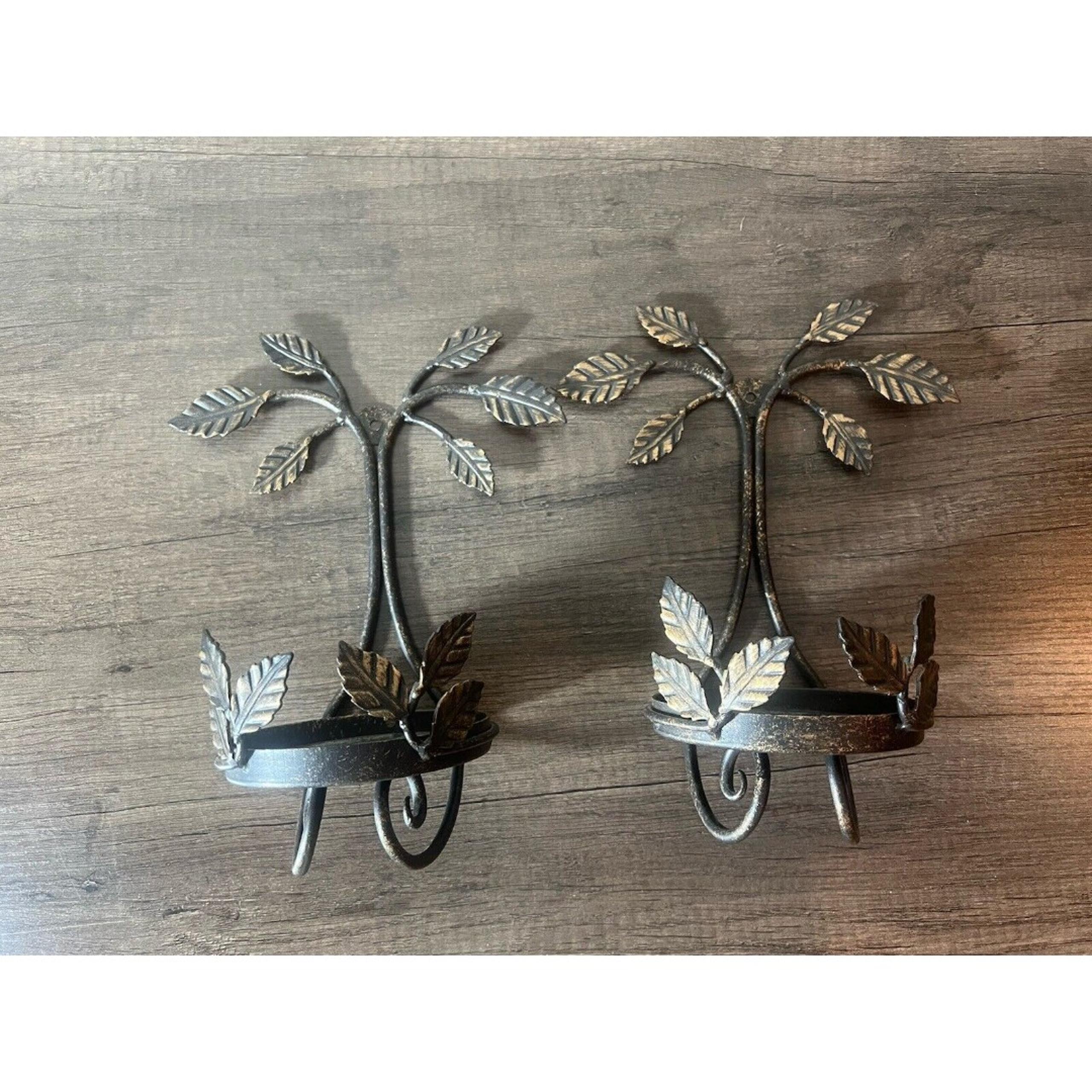 Longaberger Wrought Iron Bronze Leaf Wall Sconce Candle Holders Set Of 2