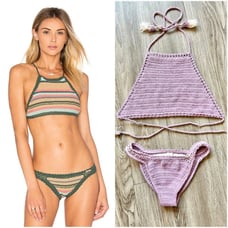 She Made Me Dhari Crochet Halter Bikini Top & Bottom Set in Lavender Purple M/L
