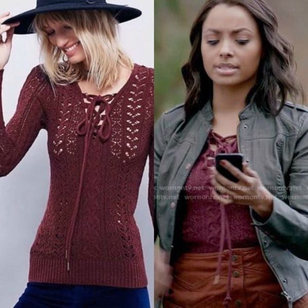 Rare Free People Ginger Cross Tie Leather Knit Sweater Bonnie Vampire Diaries