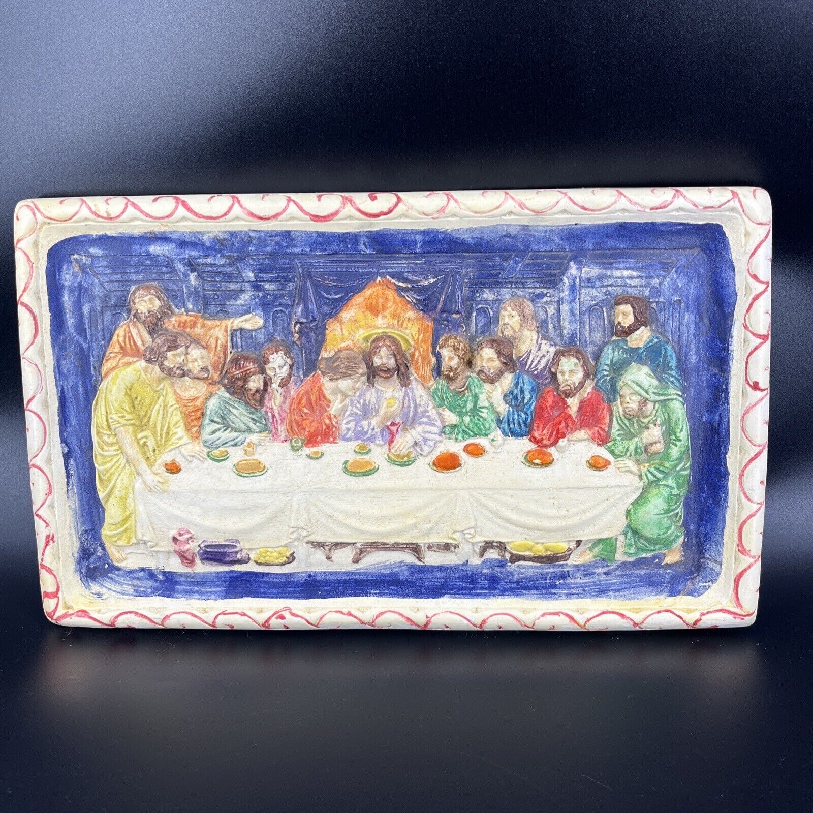 Vintage Last Supper Jesus Wall Plaque Chalk ware 3-D Hand Painted 1960 Signed