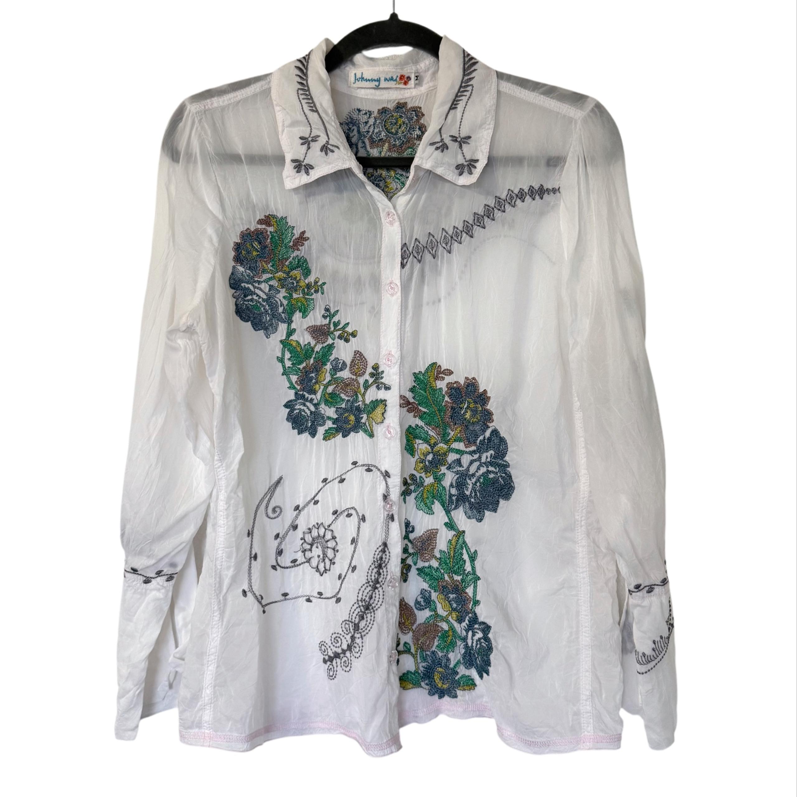 Johnny Was White Embroidered Floral Semi Sheer Shirt Size Medium Boho Dainty