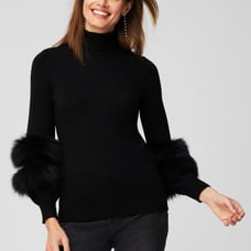 NWT Chicos Faux Fur-Trimmed Knit Turtleneck Sweater SZ 1/M Bishop Sleeves Black