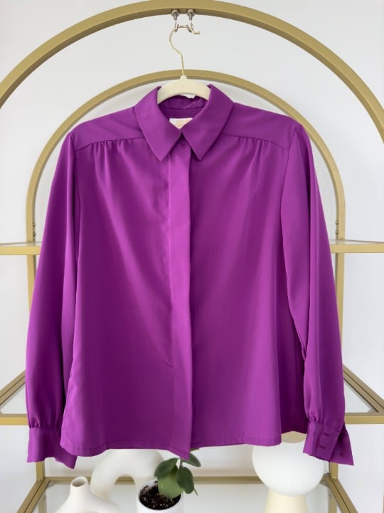 Vintage Vibrant Purple Blouse with Chic Tie – Early Y2K, Made in the USA
