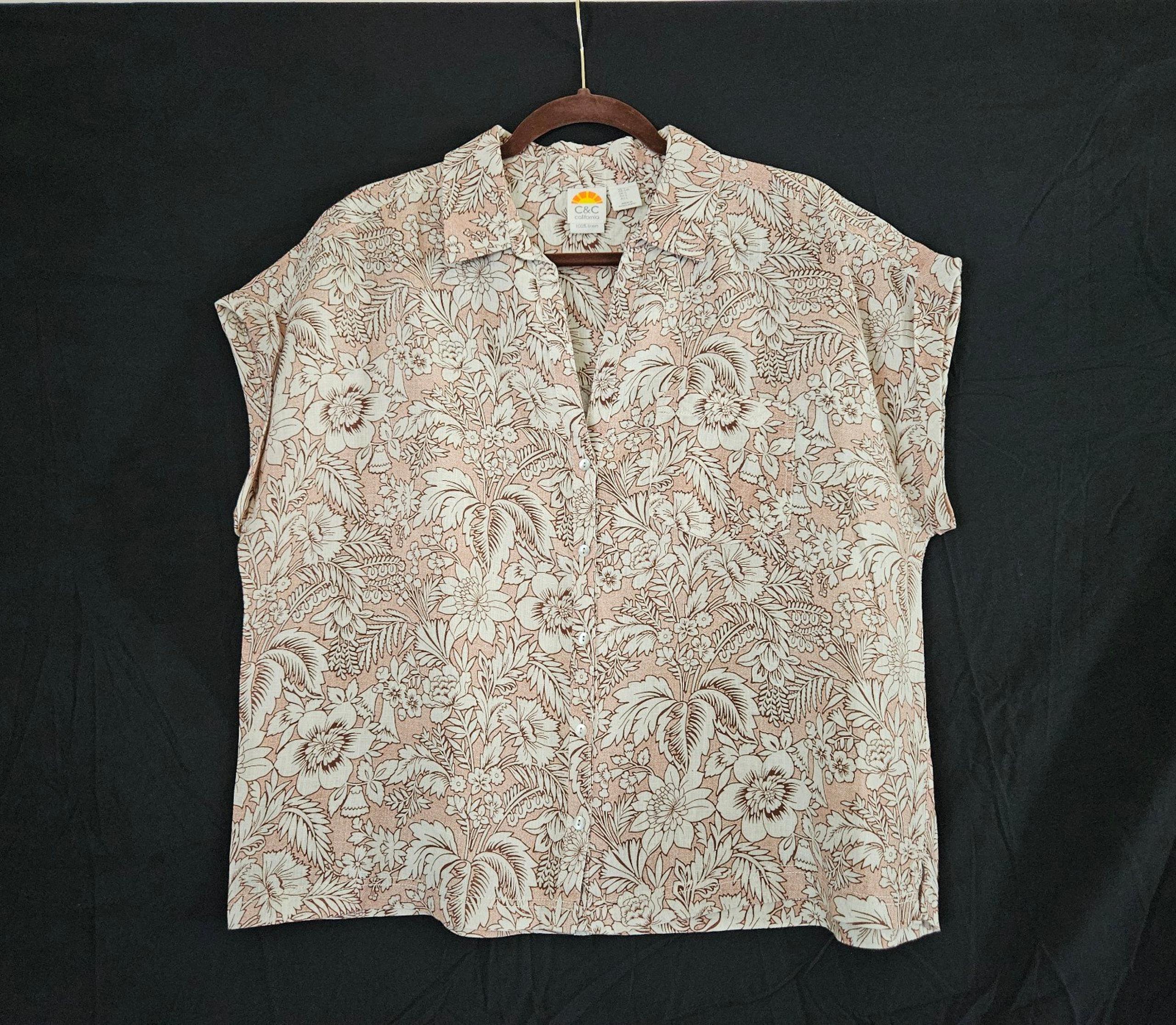 C&C California L Women's 100% Linen Top Blouse Shirt Cap Sleeves Button Up Pink