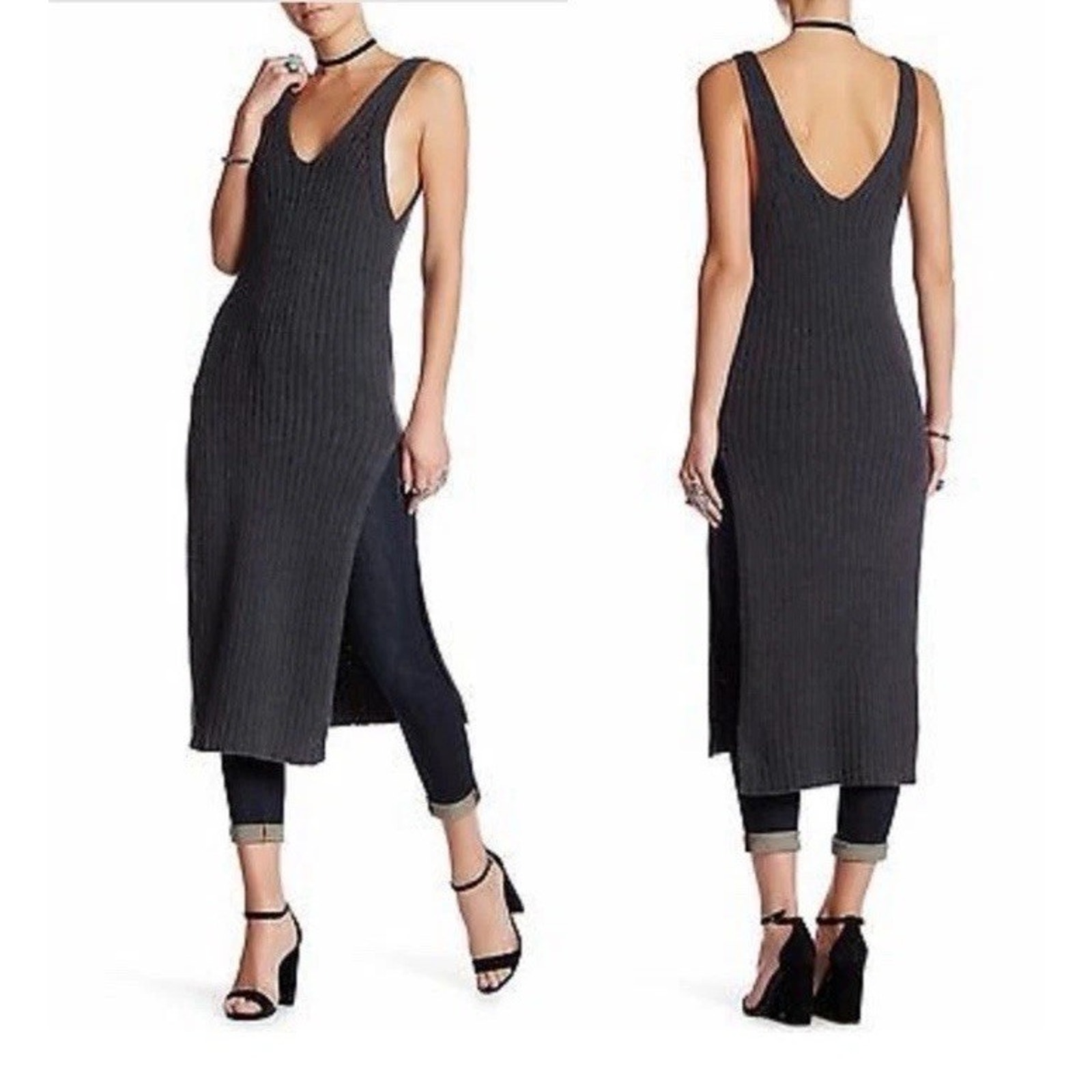FREE PEOPLE Emmy Ribbed V-Neck Sweater Dress WOMENS L GRAPHITE Slits Gray