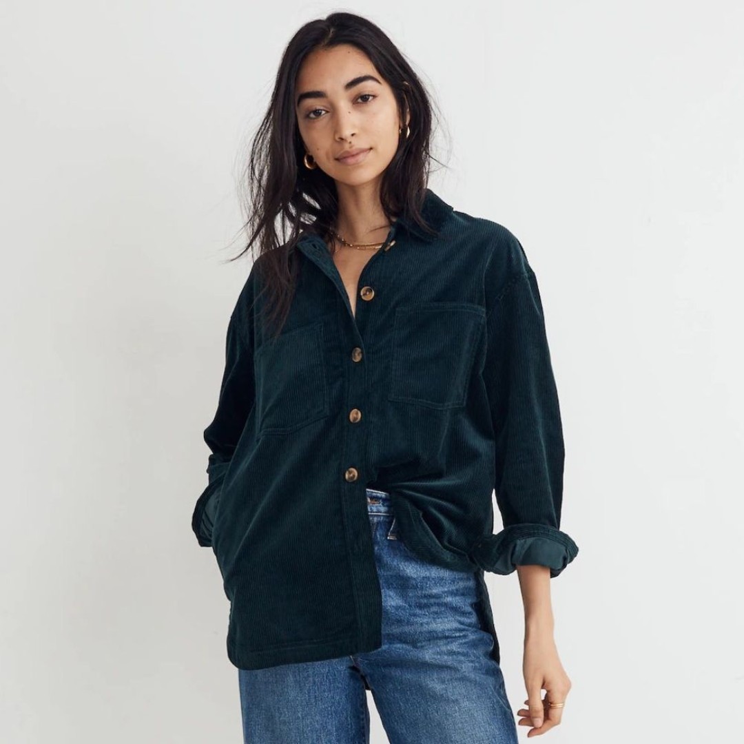 MADEWELL Kentwood Corduroy Shacket Medium Oversized Ancient Forest Green Western