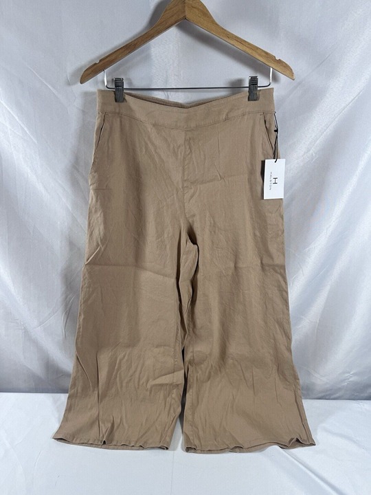 Halston Pants Womens Medium Tan Pull On Linen Blend Stretch Lightweight Comfort