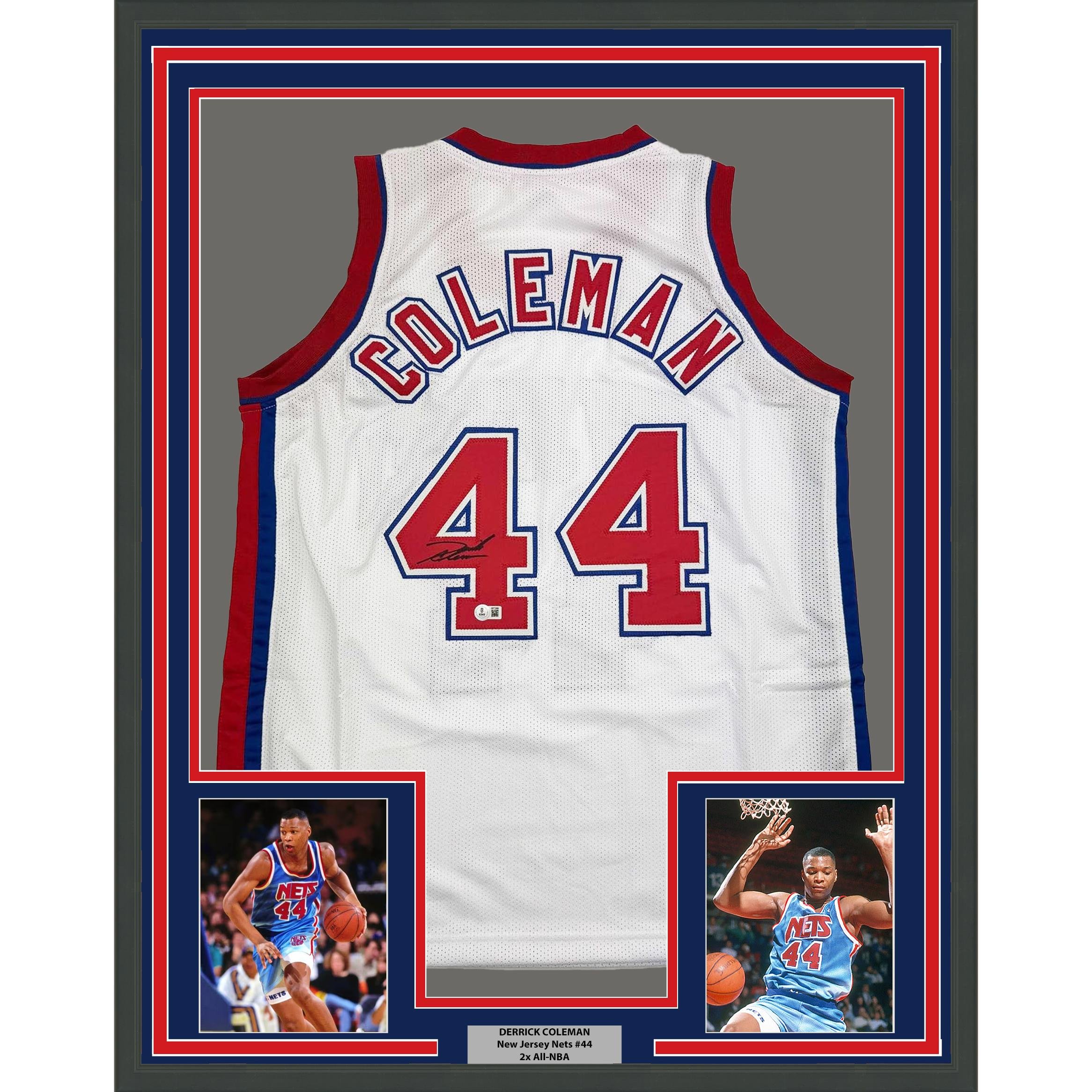 Framed Autographed/Signed Derrick Coleman 35x39 New Jersey NJ White Jersey Beck