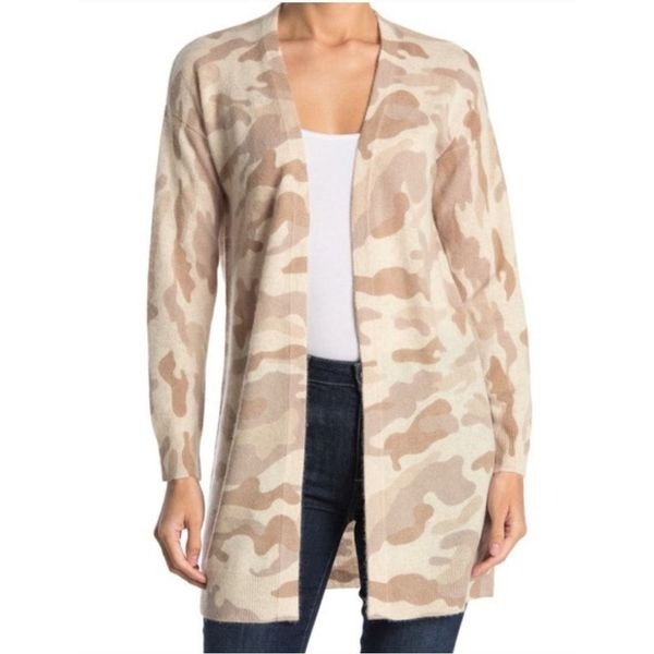 Magaschoni 100% Cashmete Open Front Long Cardigan in Tan Camo NWT Size Large