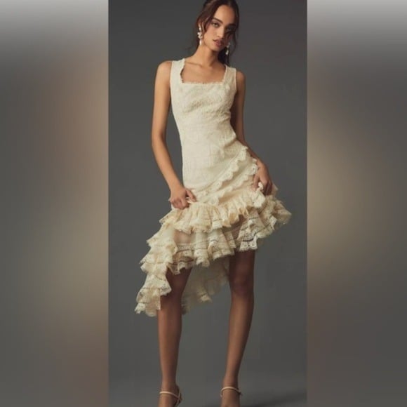 Geisha Designs Square Neck Ruffled Asymmetrical Lace Dress Anthropologie Ivory S