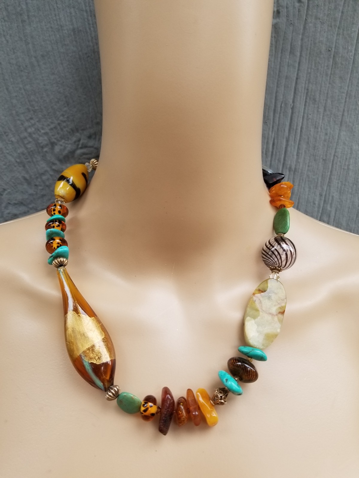 ARTISAN MADE GEMSTONE & ART GLASS MEDLEY STATEMENT NECKLACE WITH 14K GOLD CHAIN