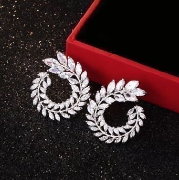 14K White Gold Marquise Round Leaves Shape Stud Cluster Earrings, WAAL1539