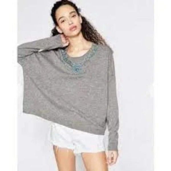 The Kooples Grey Turquoise Jeweled Wool / Cashmere Sweater - Size Small