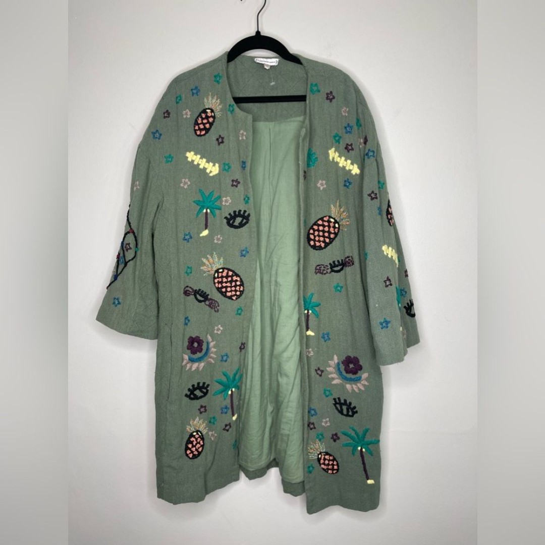 Condition Apply Anthropologie Green Gauze boho Embroidered Novelty Jacket L