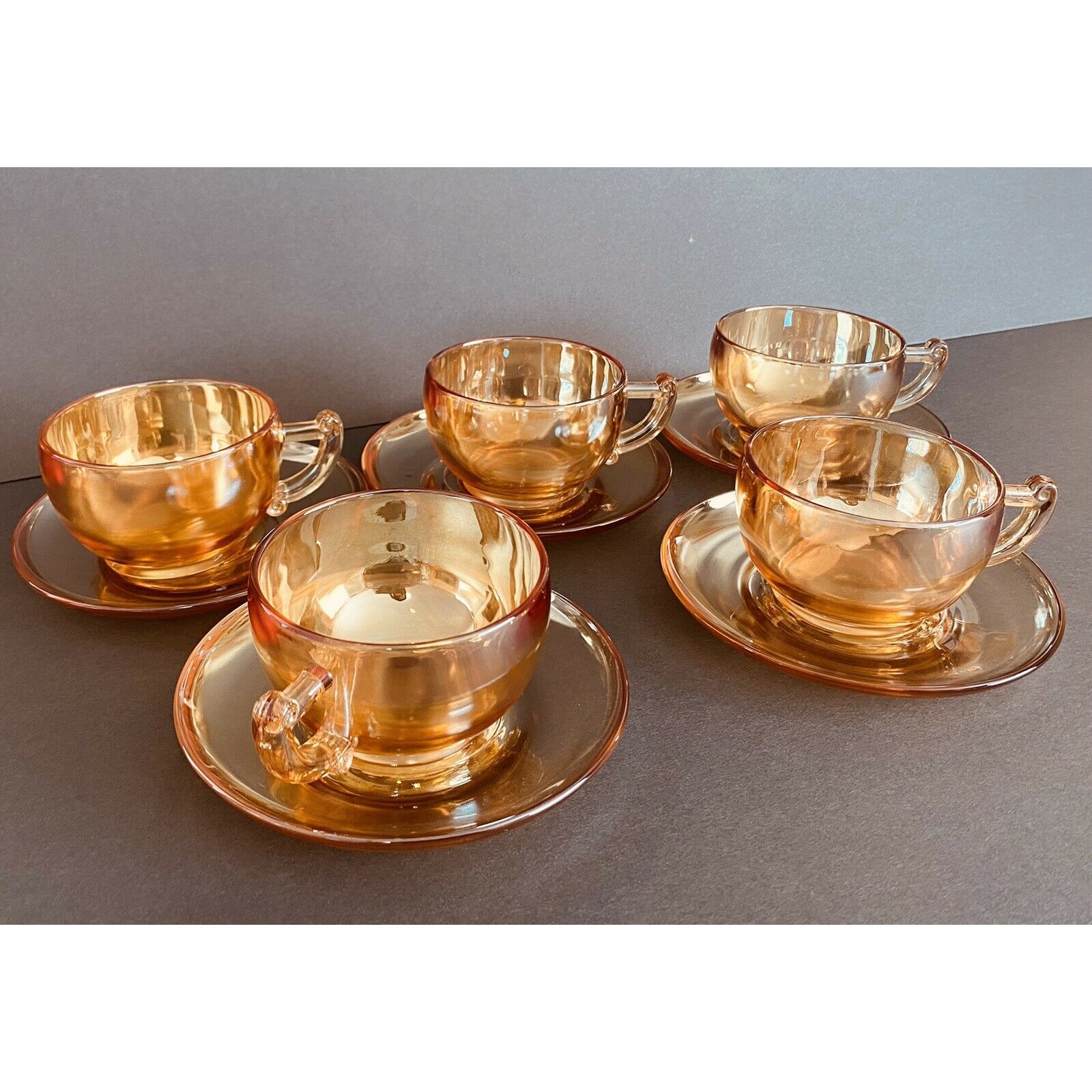 Vintage Jeanette Marigold Carnival Glass Iridescent Camellia 5 Teacups/Saucers