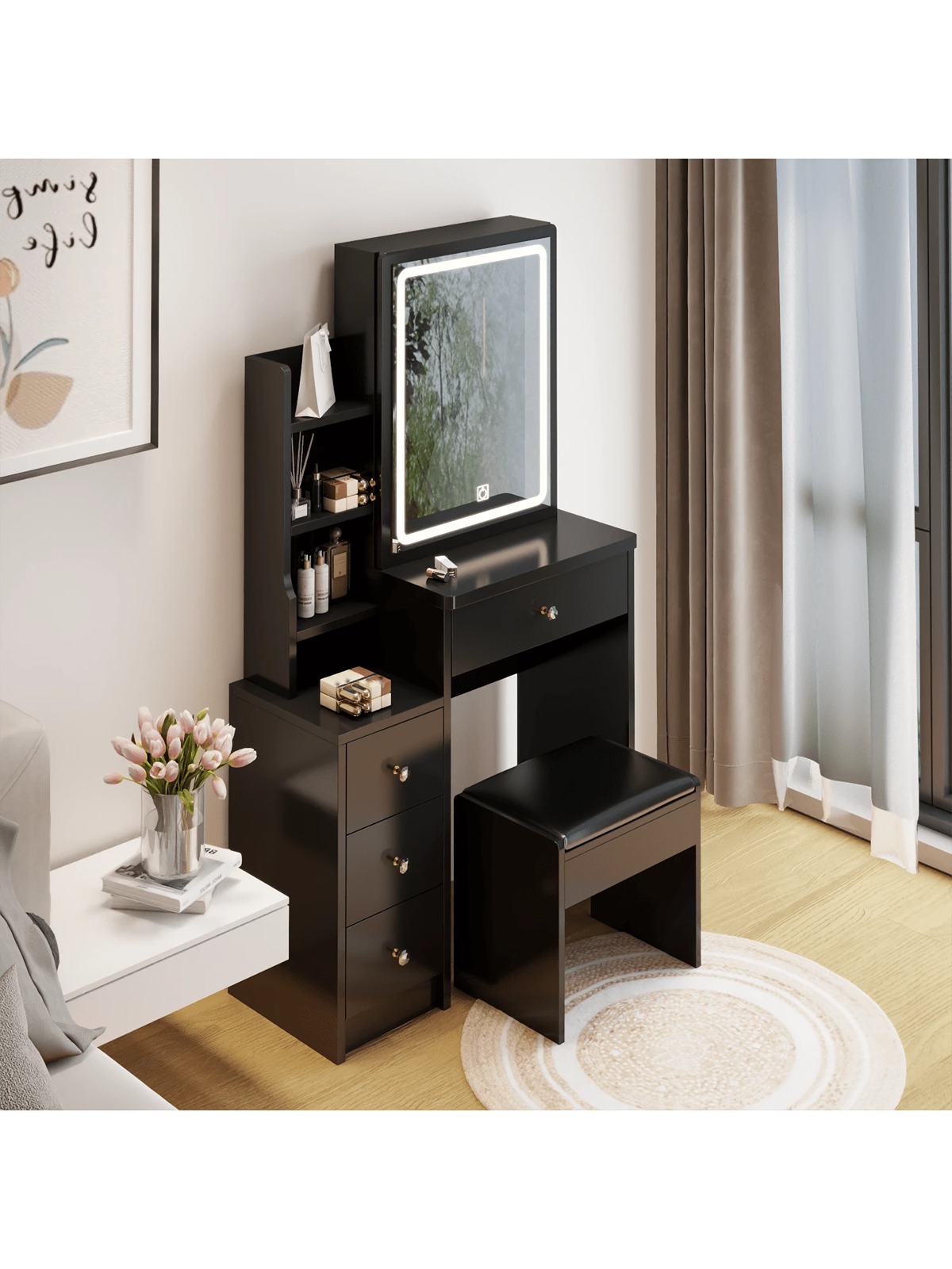 Black LED Vanity Set With Cushioned Stool For Small Space