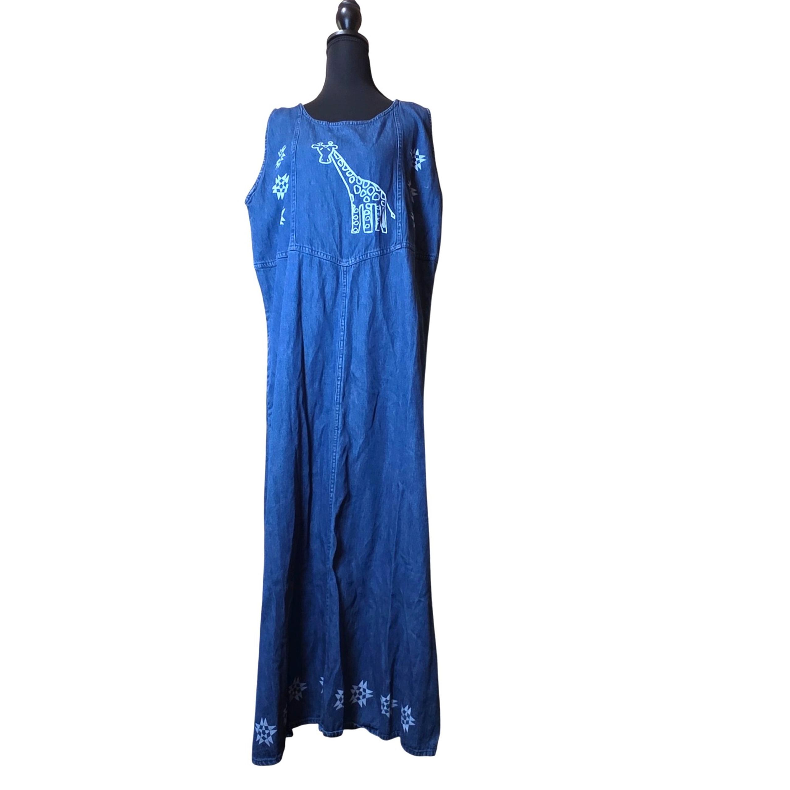 My Choice Vintage 90's Denim Maxi Dress Giraffe Print Sleeveless Casual 1X - My Dentists Choice