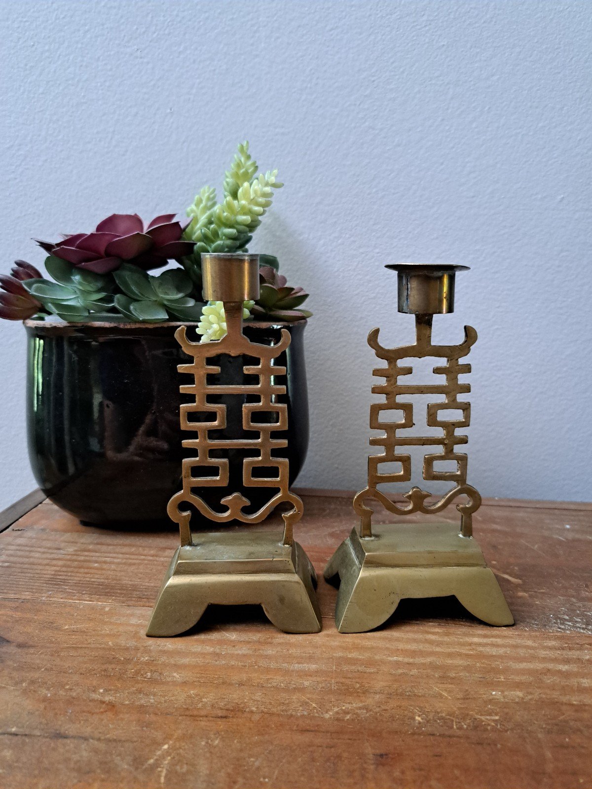 Rare Vintage Chinese Brass Candlestick Holders