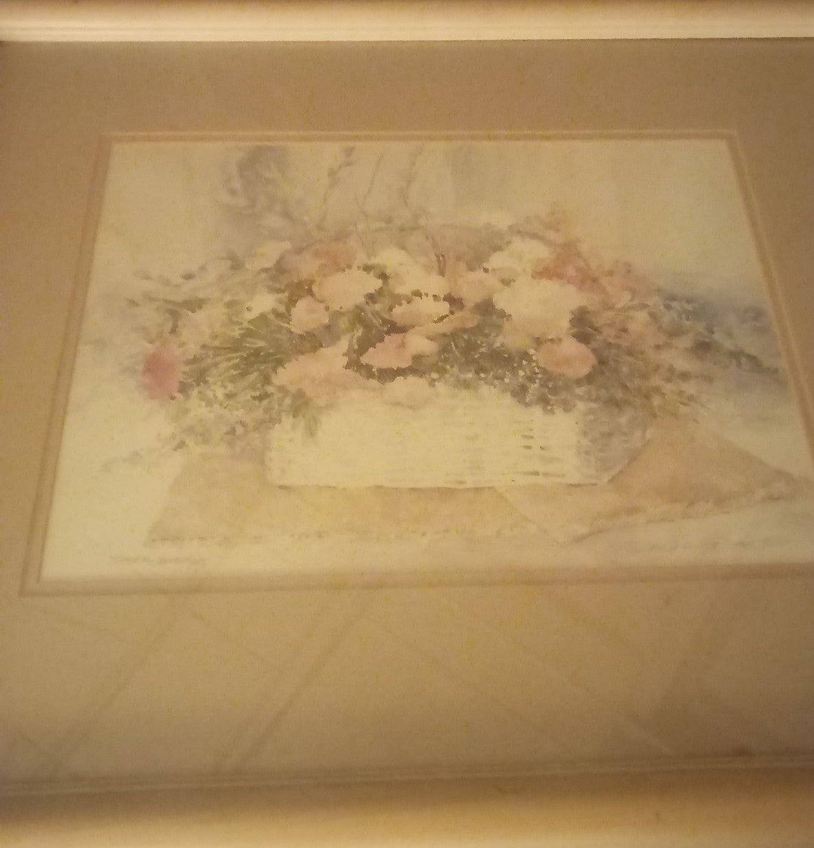 Artist Signed Watercolor Vintage Artwork Pink Flowers in a Basket
