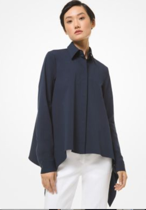 Michael Kors Navy Stretch Organic Cotton Poplin Draped Shirt Size 0