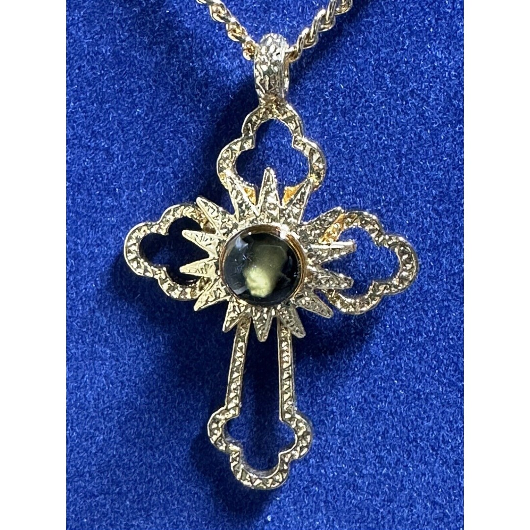 Nativity Cross Holy Land Relic Israel Bethlehem Gold Tone Necklace 14 Point Star - detail