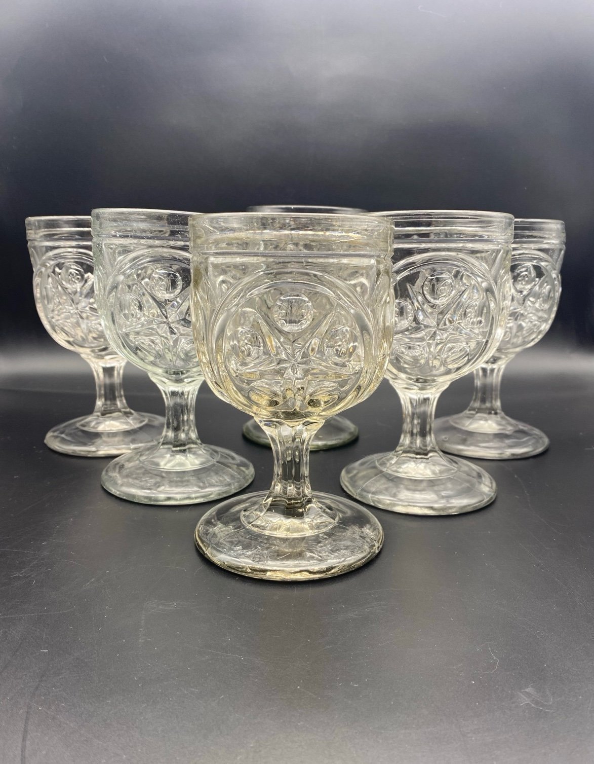 6 EAPG Water Goblets / Wine Glasses Heavy Flint Glass Manganese Glow