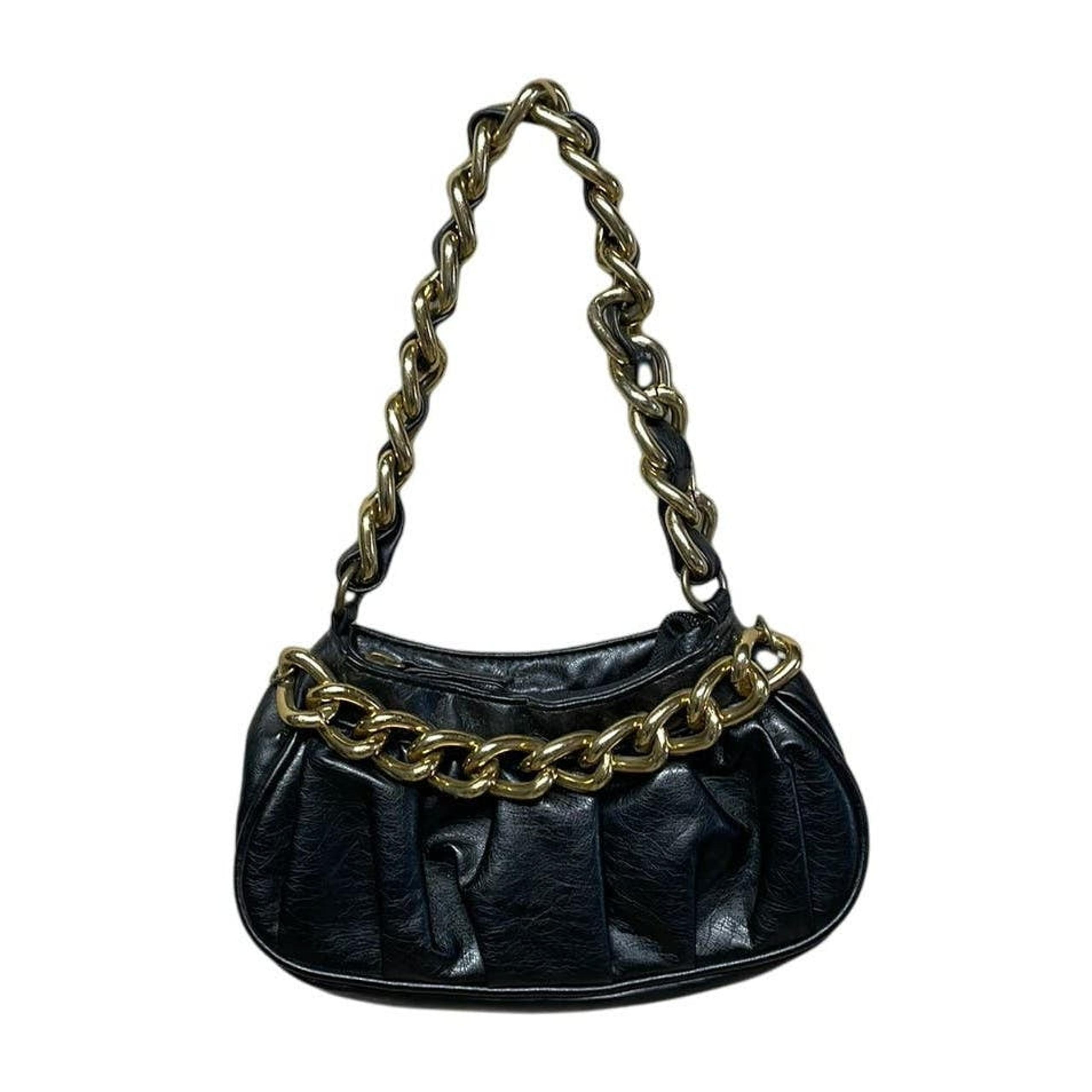 Candie's Y2K Ruched Black Pleather Mini Handbag With A Chunky Gold Chain