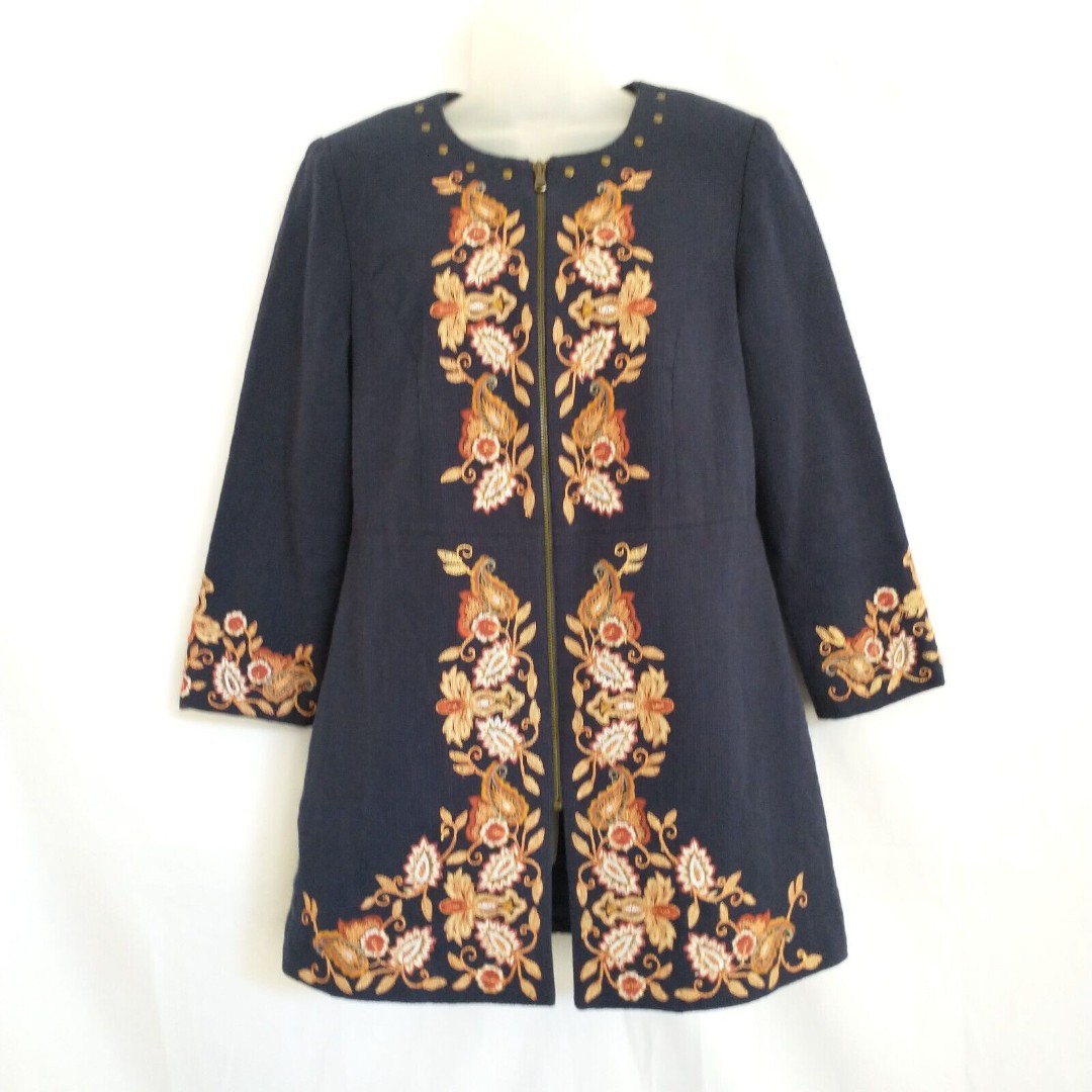 Chicos Floral Embroidered Navy Zip Jacket Chico Size 0/Small Long Sleeves Boho