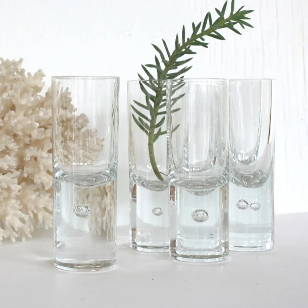 MCM hand blown minimal shot glasses Sweden Scandinavian controlled bubble heavy