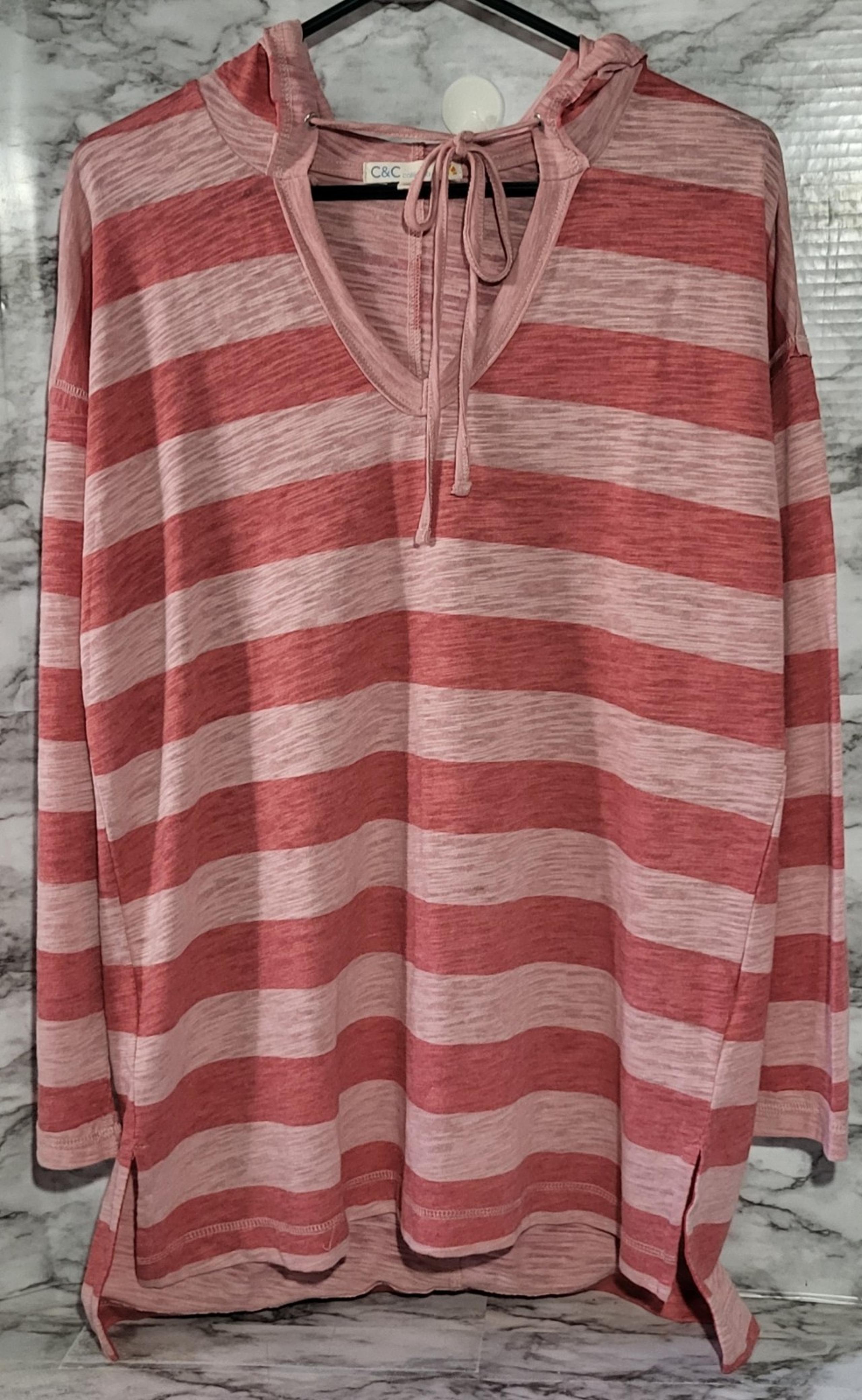 C&C California Women's Blouse XL Pink Wide Horizontal Stripes V-neck Hooded