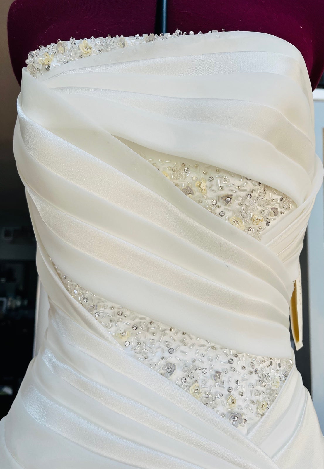 Stunning ivory crepe satin Casa Blanca gown size 8. This gown was never worn.