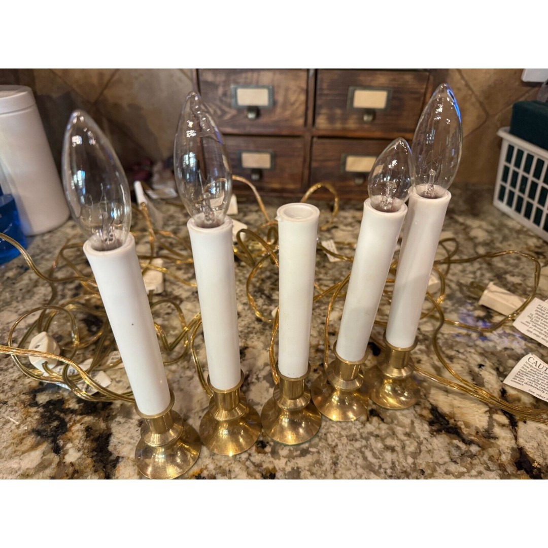 5 Electric Window Candle Lamps with Brass Plated Base, On/Off Switch, Light Bulb